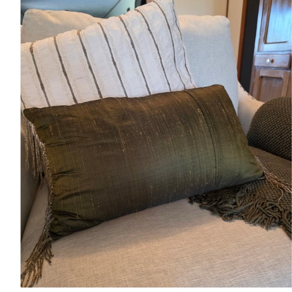 CBK Silk Green Satung Beaded Decorative Pillow Luxury Glam Holllywood Regency